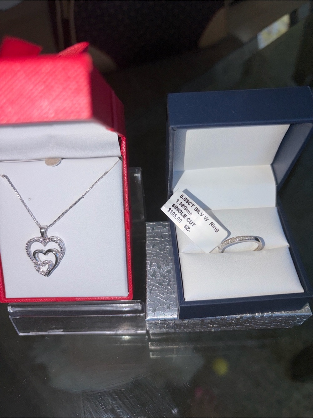Silver 925 Heart Pendant Necklace and Silver Ring Set - with real diamonds